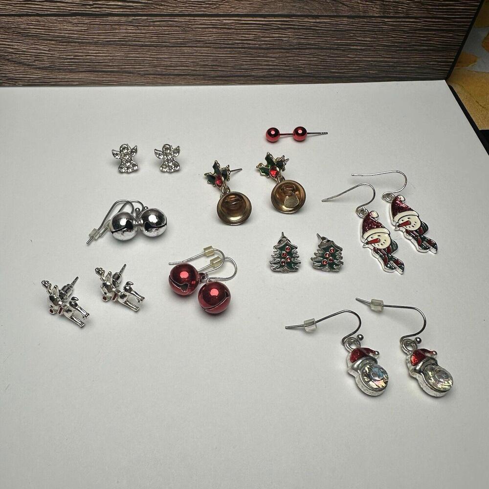 Angel, Reindeer, Bells, Santa Hat, Christmas Tree Pierced Earrings Lot Of 9